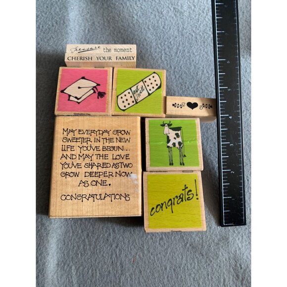 8-Piece Wooden Stamp Set For Crafts & Cards Congrats Cow Band-Aid Cherish Family - Picture 3 of 3